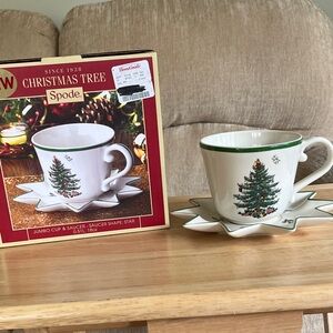 Spode Festive Green and White Mug with Saucer